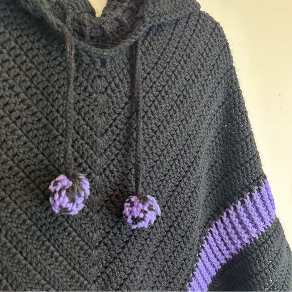 Goth Witchy Fairygoth Black Purple Crotchet Knit Handmade Hooded Poncho Sweater - Picture 6 of 10